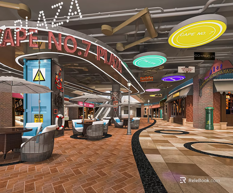 Shopping Mall Lobby Featuring Neon Signs Colorful Ceiling Lights Leisure Seating And Tiled Flooring 3d model 