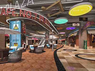 Shopping Mall Lobby Featuring Neon Signs Colorful Ceiling Lights Leisure Seating And Tiled Flooring 3d model