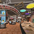 Shopping Mall Lobby Featuring Neon Signs Colorful Ceiling Lights Leisure Seating And Tiled Flooring