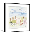 Beach Painting With Pink Tent Sailboat Ship Figures And Cloudy Sky