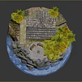 Cartoon Scene Featuring Wooden Cabin Green Trees Rocks Campfire And Water