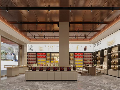 Elegant Modern Premium Health Supplement Specialty Store Interior With Organized Display Shelves And Cozy Lighting 3d model