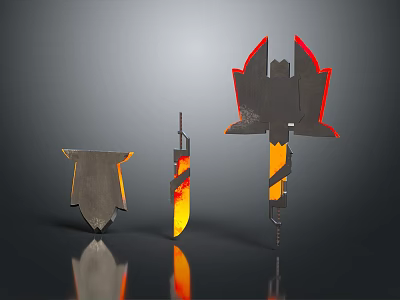 Fantasy Weapons Collection Featuring Shield Sword Axe With Flame Accents And Black Design 3d model