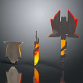 Fantasy Weapons Collection Featuring Shield Sword Axe With Flame Accents And Black Design