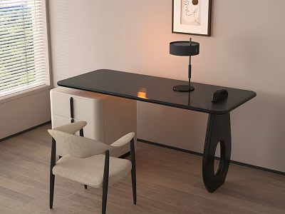 Modern Black Office Desk With Beige Chair Table Lamp Wall Art And Window Blinds 3d model
