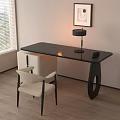 Modern Black Office Desk With Beige Chair Table Lamp Wall Art And Window Blinds