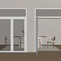 White Frame Glass Panel Double Doors In Modern Interior With Wooden Floor And Dining Area