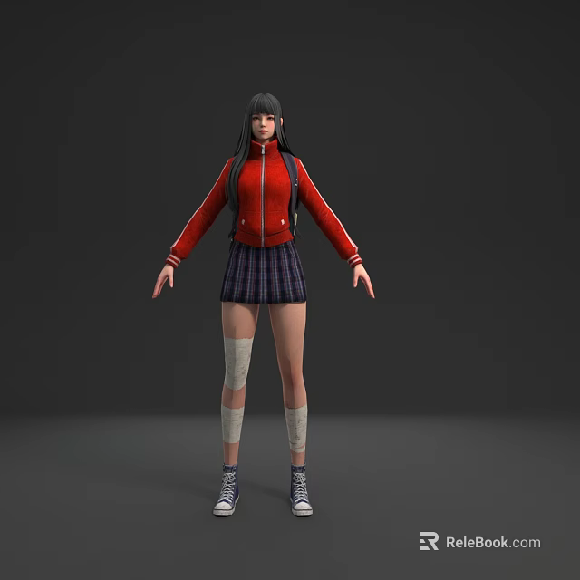 Woman in Red Jacket and Plaid Skirt with Knee Bandages and Sneakers on Gray Background 3d model 