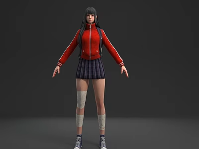 Woman in Red Jacket and Plaid Skirt with Knee Bandages and Sneakers on Gray Background 3d model