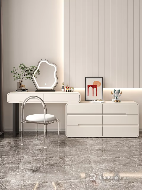 Modern Minimalist Bedroom with White Dresser Chair Mirror Framed Art and Decorative Plants 3d model 