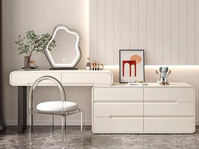 Modern Minimalist Bedroom with White Dresser Chair Mirror Framed Art and Decorative Plants 3d model