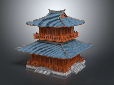Ancient Architecture Two Story Pavilion With Blue Tiled Roof Red Wooden Structure And Stone Steps 3d model