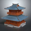 Ancient Architecture Two Story Pavilion With Blue Tiled Roof Red Wooden Structure And Stone Steps