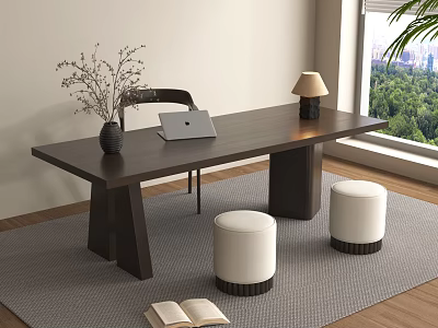 Modern Wooden Desk Chair And Stools Set With Laptop Vase Lamp Near Window Green View 3d model