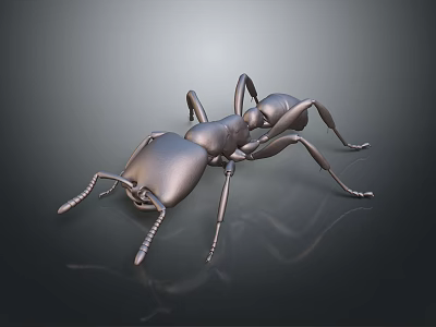 Metallic Ant Sculpture With Detailed Design On Dark Reflective Surface 3d model