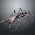 Metallic Ant Sculpture With Detailed Design On Dark Reflective Surface