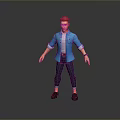 3D Model Standing Man with Red Hair Blue Shirt Gray Pants and Gray Shoes
