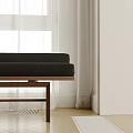 Black Sofa Bench With Wooden Legs On Herringbone Wooden Floor And White Curtains By Window