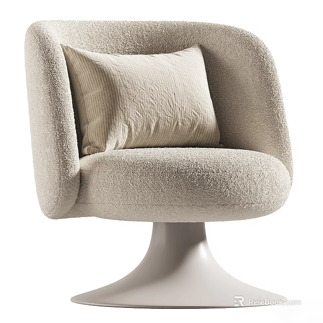 Modern Cozy Beige Boucle Upholstered Single Sofa Chair With Soft Throw Pillow And Swivel Base 3d model 