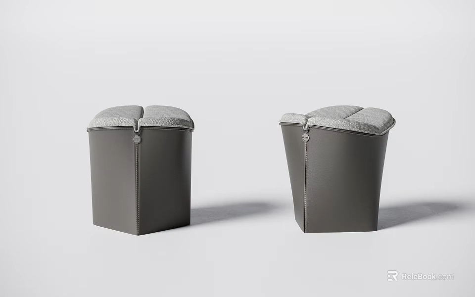 Modern Gray Upholstered Stools with Leather Body and Stitched Design Details 3d model 
