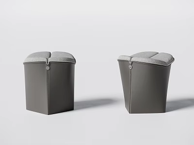 Modern Gray Upholstered Stools with Leather Body and Stitched Design Details 3d model