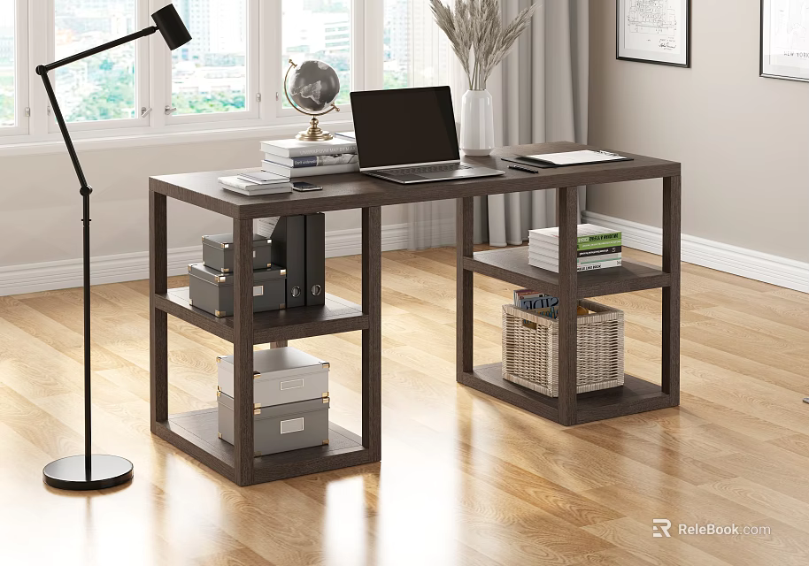 Modern Wooden Desk With Laptop Globe Stacked Books Floor Lamp And Storage Baskets Near Window 3d model 