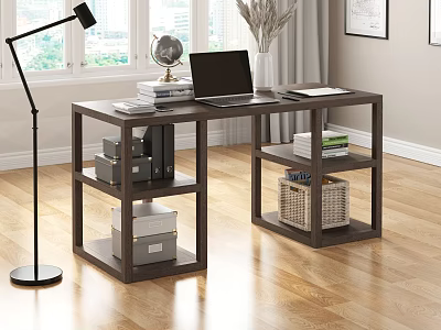 Modern Wooden Desk With Laptop Globe Stacked Books Floor Lamp And Storage Baskets Near Window 3d model