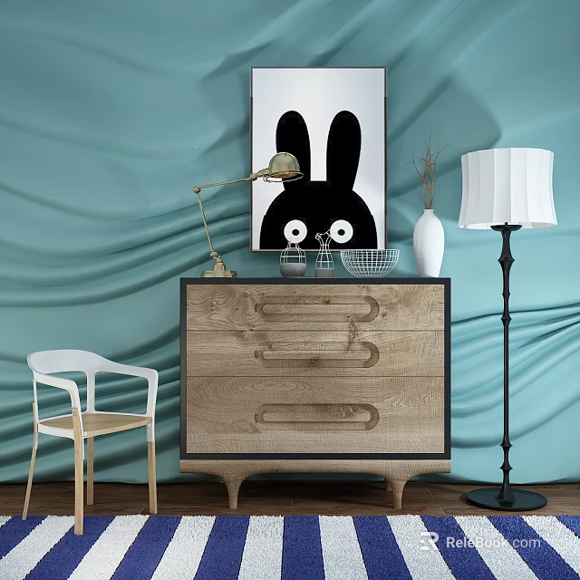 Modern Wooden Console Table with Drawers and Decorative Rabbit Artwork 3d model