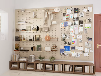 Home Interior Pegboard Wall Display With Hanging Items Photos Decorations And Potted Plants 3d model