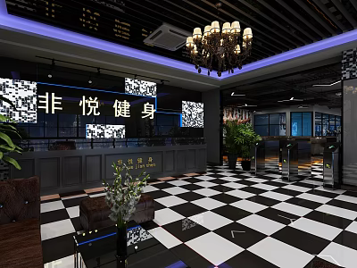 Fitness Center Reception Desk With Black And White Checkered Floor Chandelier And Green Plants 3d model