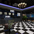 Fitness Center Reception Desk With Black And White Checkered Floor Chandelier And Green Plants