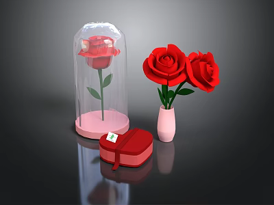 Red Roses In Glass Cloche With Pink Vase And Red Gift Box 3d model