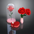 Red Roses In Glass Cloche With Pink Vase And Red Gift Box