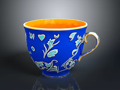 Blue Ceramic Cup With Orange Interior And Gold Handle Floral Patterns 3d model