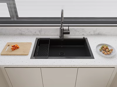 Black Kitchen Sink With Drainer Rack And Cutting Board On White Countertop 3d model
