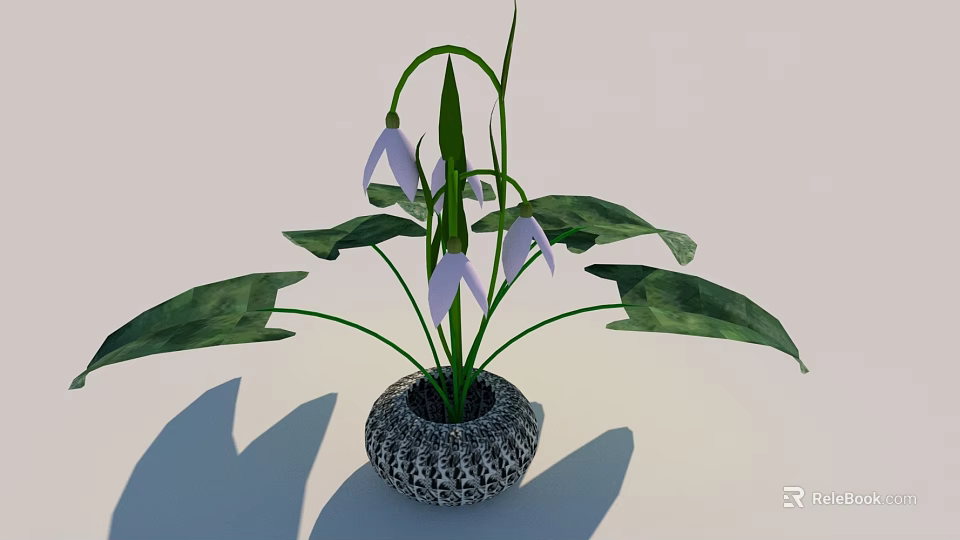 Indoor Bonsai Plant With Green Leaves Purple Flowers And Woven Texture Pot 3d model 