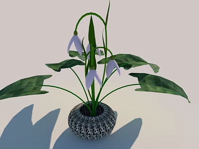 Indoor Bonsai Plant With Green Leaves Purple Flowers And Woven Texture Pot 3d model