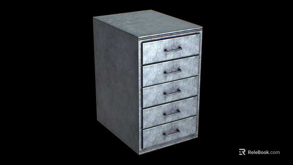 Modern Gray Metal Bookcase With Five Drawers And Textured Surface Black Handles 3d model 