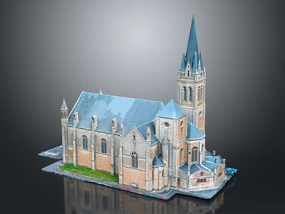 Garden Landscape Design Featuring Historic Church With Spire And Blue Roof 3d model