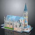 Garden Landscape Design Featuring Historic Church With Spire And Blue Roof
