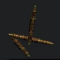 Three Ancient Ornate Red And Gold Weapons With Crossed Carved Patterns Traditional Design
