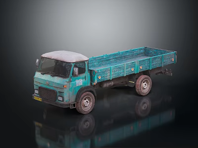 Teal Truck With White Roof And Open Cargo Bed On Reflective Surface 3d model