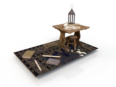 Traditional Building Interior Nook With Wooden Table Lantern Small Stool And Vintage Rug 3d model