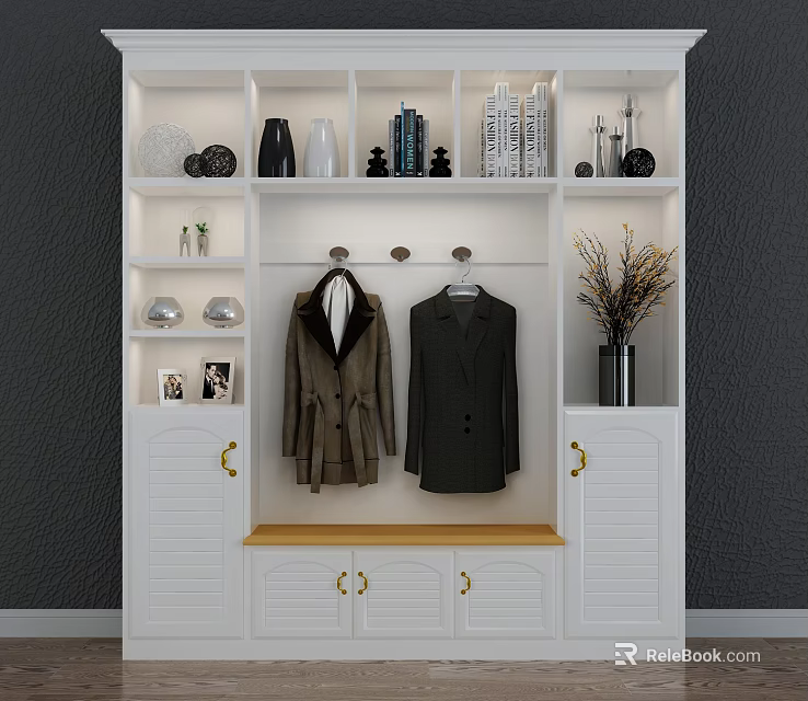 Modern White Shoe Cabinet with Coat Hanger Bench and Decorative Vases Books 3d model 