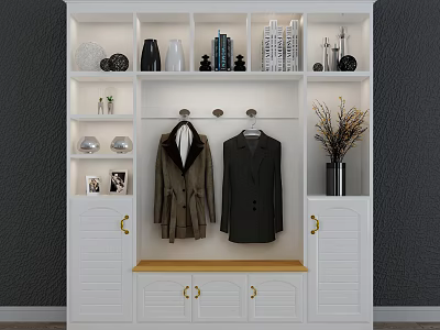 Modern White Shoe Cabinet with Coat Hanger Bench and Decorative Vases Books 3d model