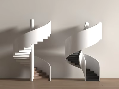 Two Spiral Stairs With Light And Dark Steps On Light Wall Wooden Floor Background 3d model