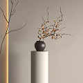 Vase With Flower Branches And Orange Blossoms On White Column Minimalist Wall Background