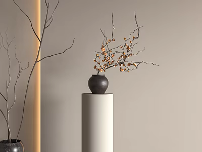 Vase With Flower Branches And Orange Blossoms On White Column Minimalist Wall Background 3d model