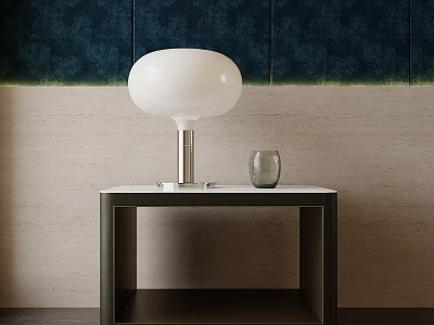 Modern Nightstand With White Spherical Lamp And Glass Cup Against Dark And Light Walls 3d model