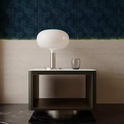 Modern Nightstand With White Spherical Lamp And Glass Cup Against Dark And Light Walls 3d model